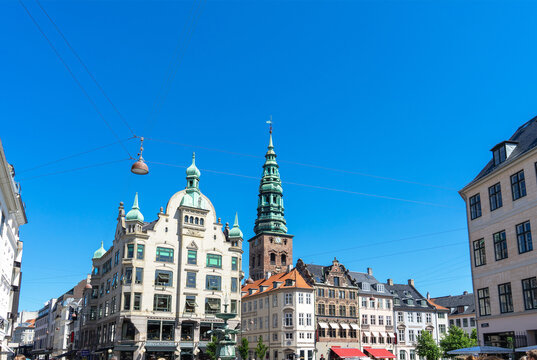 Amagertorv. Square and street in Indre By, Copenhagen, pedestrian street Stroget. Historic city center of Copenhagen, Denmark. St Nicolas Church