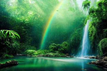 waterfall in the jungle, beautiful rainbow in the mist, forest landscape background