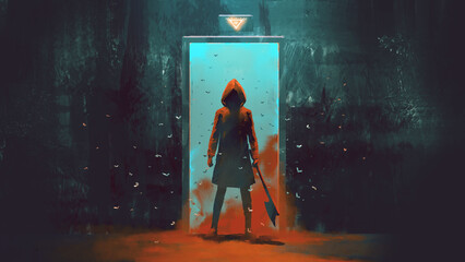 mysterieuze persoon onder een rood jasje houdt een bijl voor de deur, digitale kunststijl, illustratie schilderij