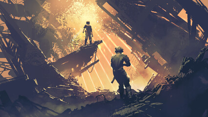 Konfrontation zweier futuristischer Soldaten in einem verlassenen Gebäude, digitaler Kunststil, Illustrationsmalerei