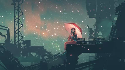 Photo sur Plexiglas Grand échec jeune femme avec un parapluie rougeoyant assis au sommet du bâtiment contre le ciel étoilé, style d& 39 art numérique, peinture d& 39 illustration
