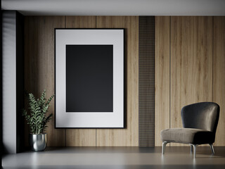 Accent wall for the picture or art. Large vertical black frame on wood veneer with multiple panels. Sun light and a chair in the gallery or living room. 3d rendering