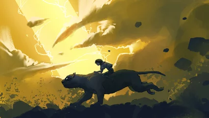 Abwaschbare Fototapete Großer Misserfolg Ein Kind, das auf dem Rücken eines Panthers reitet, läuft in den Bergen gegen die gelben Balken am Himmel, digitaler Kunststil, Illustrationsmalerei