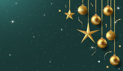 Gold christmas balls with shadow and confetti
