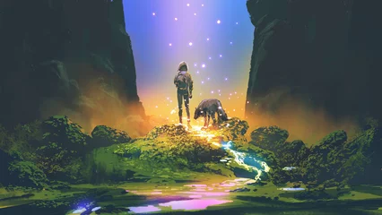 Papier Peint photo Lavable Grand échec voyageur et chien debout et regardant la lumière colorée dans la vallée, style d& 39 art numérique, peinture d& 39 illustration