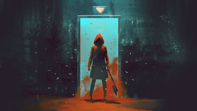 Fototapeta mysterious person under a red jacket holds an ax in front of the door, digital art style, illustration painting