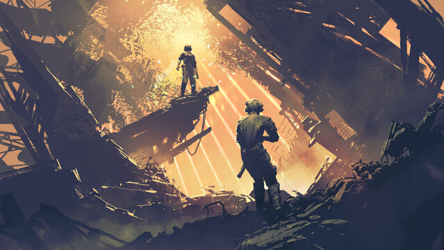 Fototapeta confrontation of two futuristic soldiers in an abandoned building, digital art style, illustration painting