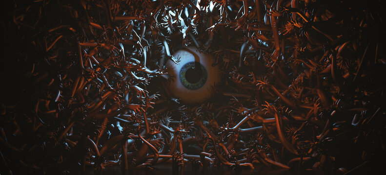 Hell Nightmarish Underworld Foul Eternal Hands Arms Grabbing Horrifying Eyeball Hell Scape Occult 3d illustration render