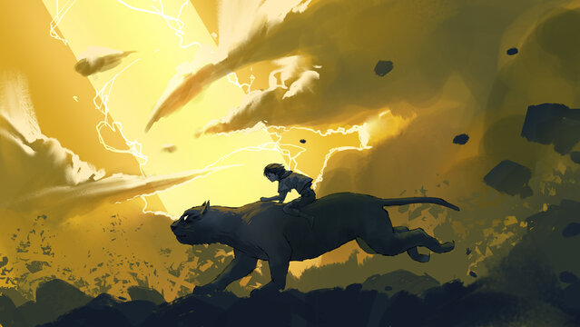 Fototapeta A child riding on the back of a panther runs in the mountains against the yellow beams in the sky, digital art style, illustration painting