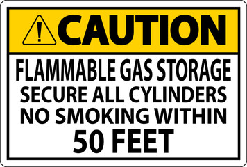 Caution Sign Flammable Gas Storage, Secure All Cylinders, No Smoking Within 50 Feet