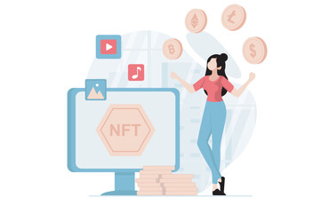NFT token concept with people scene in flat design. Woman investing cryptocurrency in artworks, buying digital painting at virtual auctions. Vector illustration with character situation for web