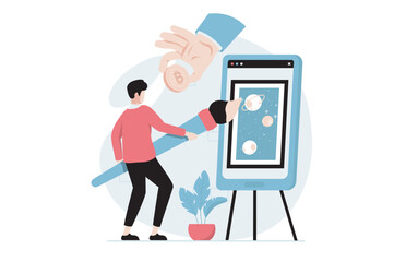NFT token concept with people scene in flat design. Man artist drawing digital paintings with with non fungible token for virtual art auctions. Vector illustration with character situation for web