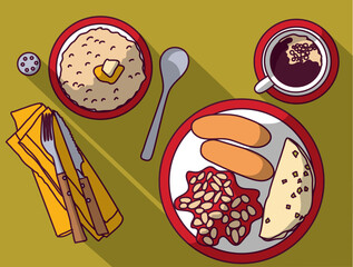 English breakfast scrambled eggs sausages coffee beans oatmeal