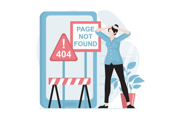 Page not found concept with people scene in flat design. Upset woman standing by announcement message boards with error 404 mistake and problem. Vector illustration with character situation for web