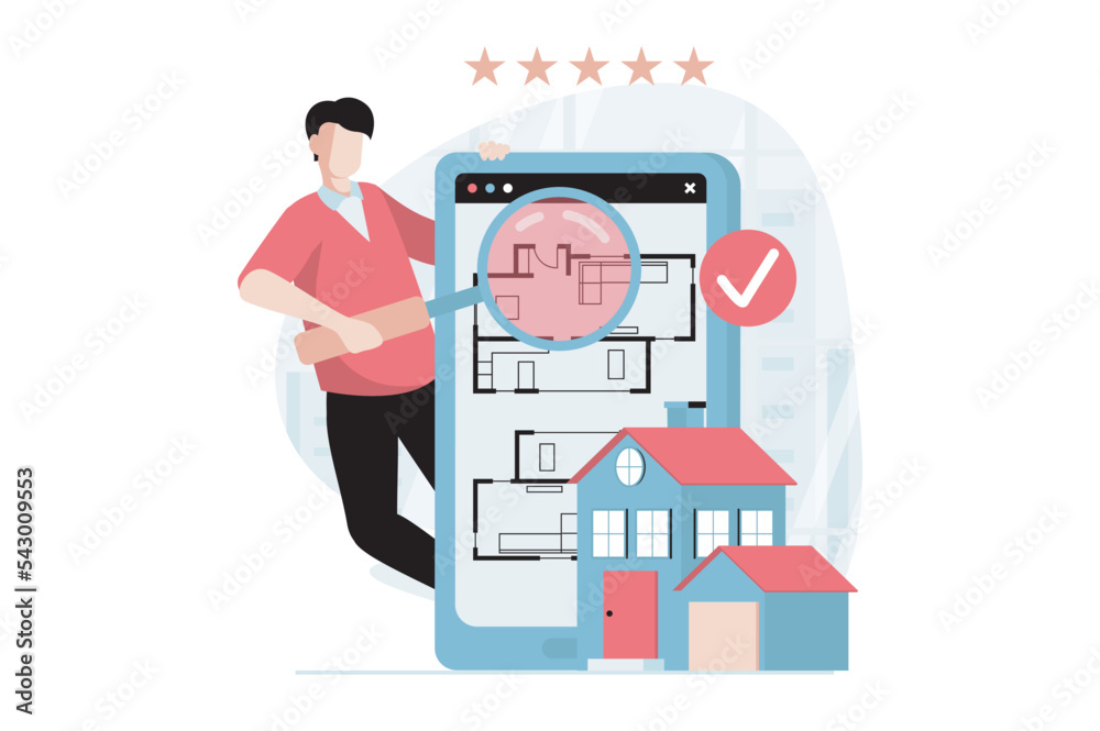 Poster real estate concept with people scene in flat design. man with magnifier studies house blueprint pla