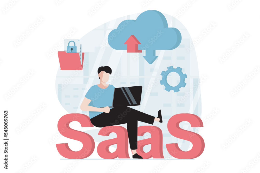 Leinwandbilder saas concept with people scene in flat design. man working with files cloud exchange, data upload an