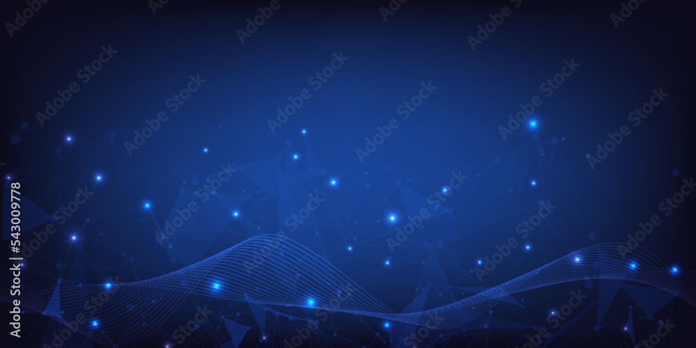Poster Abstract digital technology dynamic fluid wave on low poly background. Blue wireframe element with light effect data visualization vector illustration.