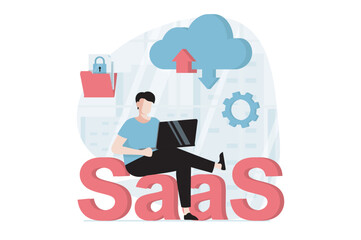 SaaS concept with people scene in flat design. Man working with files cloud exchange, data upload and download and buying software subscription. Vector illustration with character situation for web