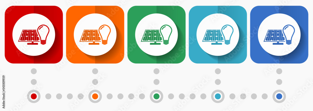 Poster light bulb and solar panel vector icons, infographic template, set of flat design symbols in 5 color