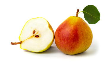 pears on a white background. Pear and half pear close-up