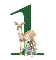Christmas deer Number illustration, watercolor green digit 1, woodland winter forest animal,stag, fawn, poinsettia, holly berry. Floral animal alphabet for holiday greeting card, invite,table number