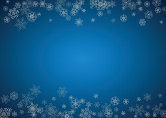 New year background with silver frosty snowflakes. Horizontal backdrop. Stylish new year background for holiday banner, card. Falling snow with sparkles and flakes for season special offers and sales.