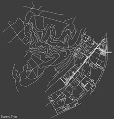 Detailed negative navigation white lines urban street roads map of the EUREN MUNICIPALITY of the German regional capital city of Trier, Germany on dark gray background