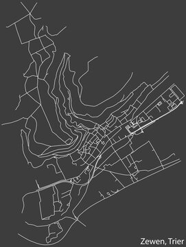 Detailed negative navigation white lines urban street roads map of the ZEWEN MUNICIPALITY of the German regional capital city of Trier, Germany on dark gray background