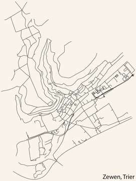 Detailed navigation black lines urban street roads map of the ZEWEN MUNICIPALITY of the German regional capital city of Trier, Germany on vintage beige background