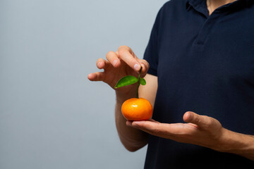 man holds a tangerine by the stalk in his hands, offering attention to this ripe juicy fruit. on a...