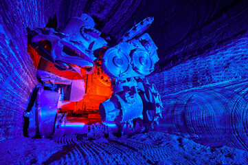 Mining machine with different saws in mineral quarry