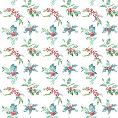 Watercolor Christmas Seamless pattern. Holiday design paper with winter flower poinsettia,holly berry,winter forest, flora lillustration.Botanical wallpaper for greeting card, invitation,poster, flyer
