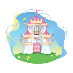 Obraz na płótnie Canvas Fairy tale background with princess castle in the forest. Castle with pink flags, precious hearts, roofs, towers and gates in a beautiful landscape. Vector illustration for a fairy tale.
