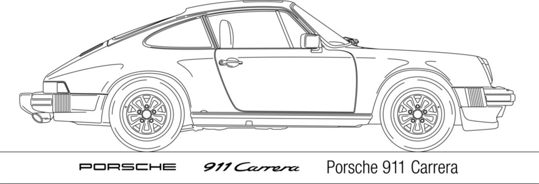 Germany, year 1974, Porsche 911 Carrera, vintage car, vector illustration outlined