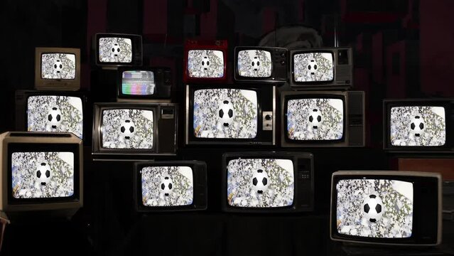 Soccer Balls And A Deluge Of Confetti And Toilet Paper Streamers In Stadium On Vintage Televisions. 4K Resolution.