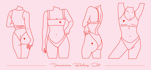 Set of illustrations of different female bodies, red on pink background. Body positive, shapes, different postures. Self Love Club. Vector illustration. - obrazy, fototapety, plakaty