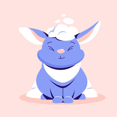 Cute smiling rabbit with snow on his head. Let it snow. Winter fun. Adorable animal, character in pastel colors. For cards, clothes, t shirt print. Vector illustration isolated