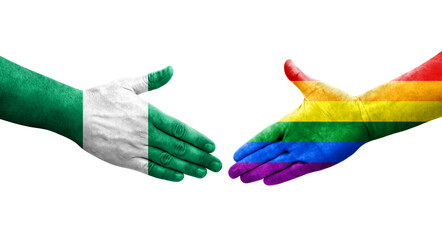 Handshake between LGBT and Nigeria flags painted on hands, isolated transparent image.