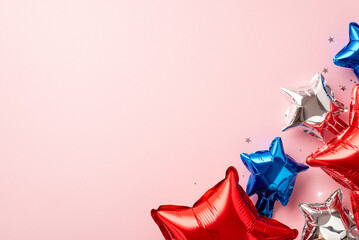 Forth of July concept. Top view photo of balloons in national flag colors and confetti on isolated...