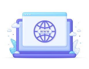 3D Computer and Globe hyperlink icon. Search WWW sign. Web hosting technology. Browser search website page.