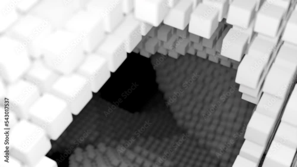 Poster abstract network reality with flying cubic shapes. design. giant structure made of small same size b