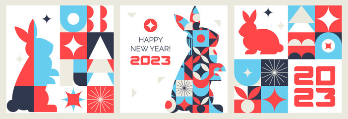A set of geometric postcards. Happy New Year. The year of the rabbit. The Chinese zodiac. Asian holiday.