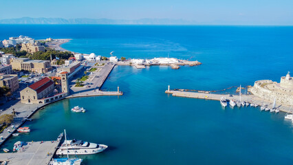 Fototapeta premium Mandraki port of Rhodes city harbor aerial panoramic view in Rhodes island in Greece