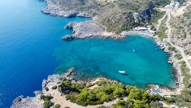 Ladiko beach and Anthony Quinn Bay aerial panoramic view in Rhodes island in Greece. Drone photography.