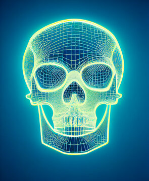 Human skull modeled in 3d dimensions in an empty space of blue tint. Front face with orbit and jaw of the man.