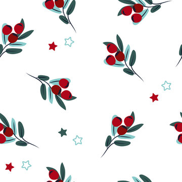Christmas minimalism seamless patterns with branch tree and red berries. Bright winter pattern can be used as textile, fabric, wallpaper, banner and other. Vecto