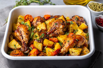 Baked chicken thighs and fried potatoes look delicious.
