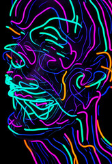 An alarming looking zombie or dead person in neon or brightly colored light tubing. Future trendy and colorful decor on a black background. Gothic and modern style.
