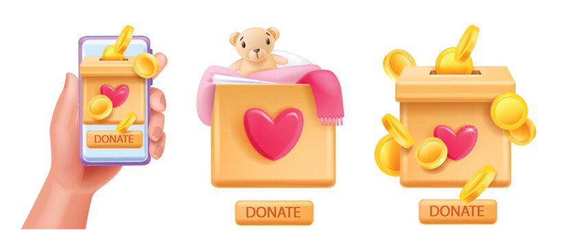 3D donate box, vector charity love badge, heart, button, bear, vector smartphone app concept, hand. Person support clothes donation fundraising clipart, investor human care. Donate box illustration