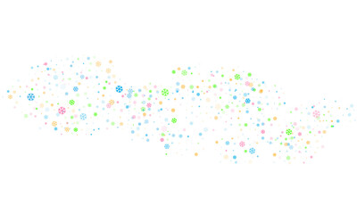 Snowflakes of different sizes and different transparency are randomly scattered over a transparent background. Winter png background, pattern, design.